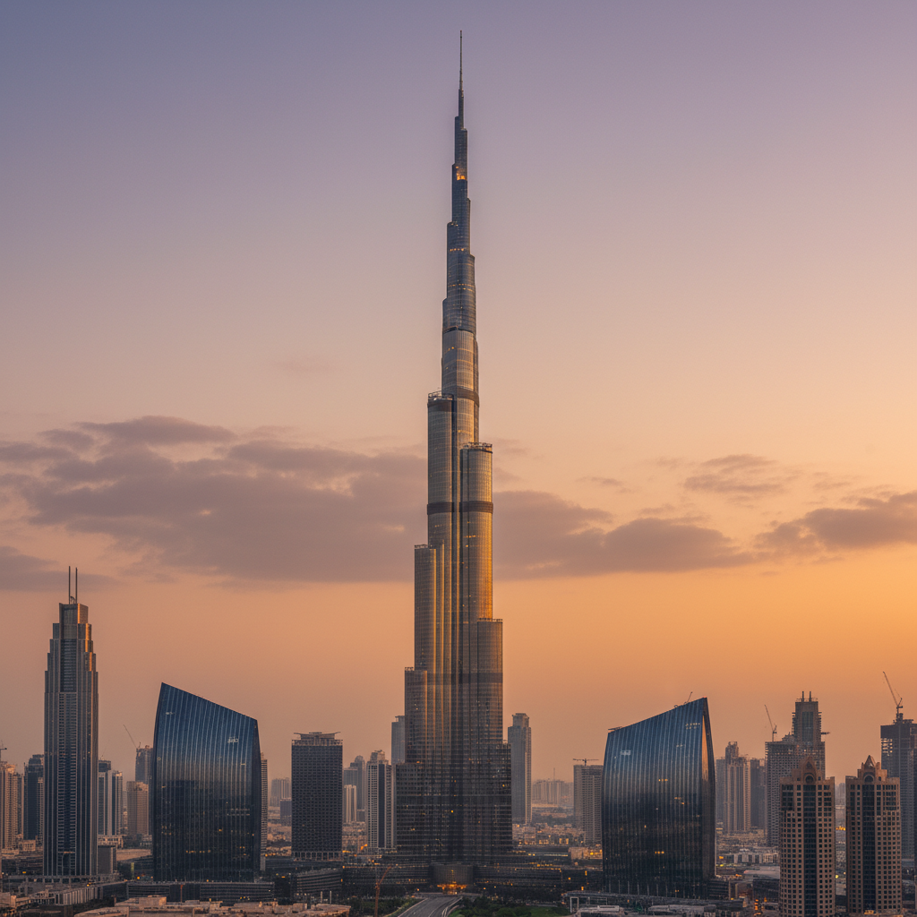 A majestic, professional photograph of the Burj Khalifa towering over the modern Dubai skyline at sunset. The golden hour light reflects off its shimmering facade, highlighting its incredible height and elegant taper. Capture a sense of awe and scale, with smaller surrounding buildings emphasizing its dominance. The sky should have soft, rich hues of orange, pink, and purple, enhancing the aspirational theme of the article.