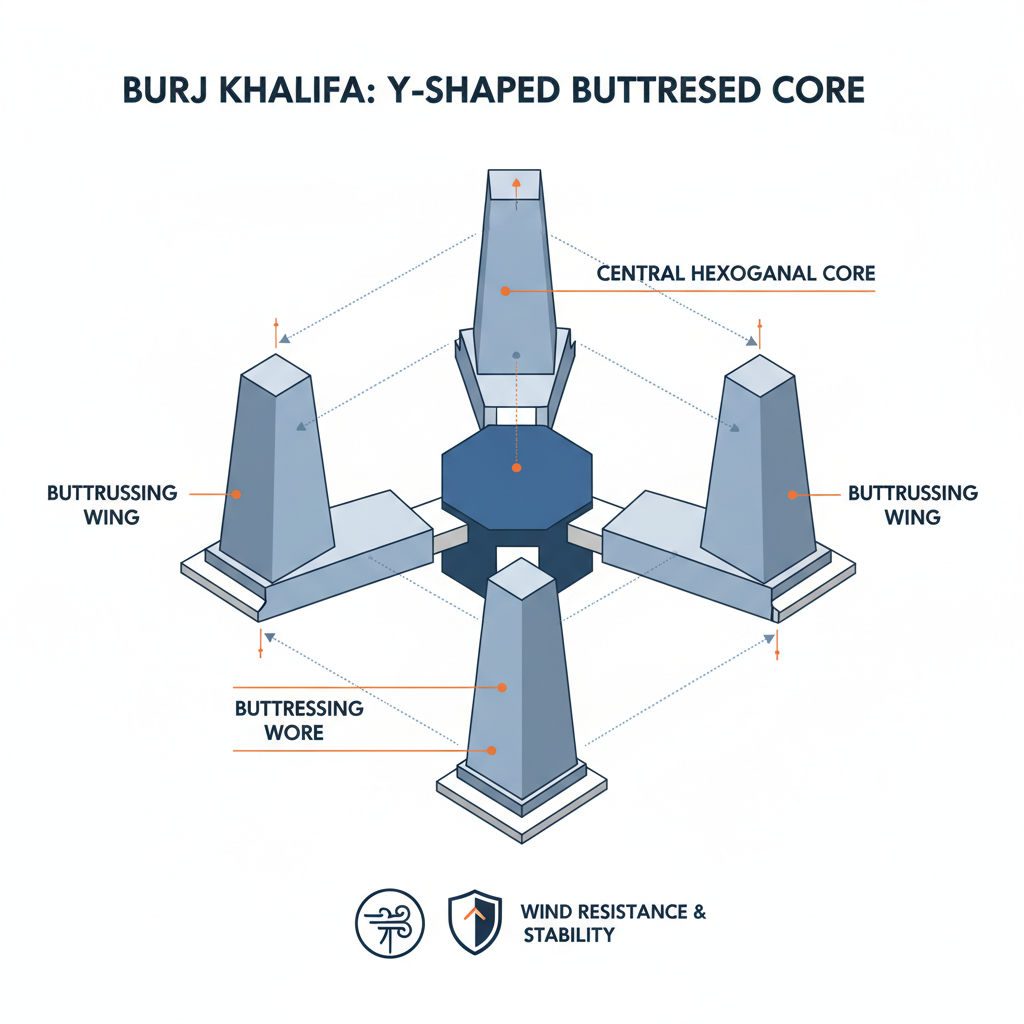 An intricate, detailed infographic-style diagram illustrating the 'Y-shaped buttressed core' structural system of the Burj Khalifa. Show a cross-section or exploded view, clearly labeling the central hexagonal core and the three buttressing wings. Use clean lines and a professional color palette (e.g., shades of blue, grey, and white) to represent different structural components. Include small visual cues or icons representing its wind resistance and stability, emphasizing its innovative engineering.