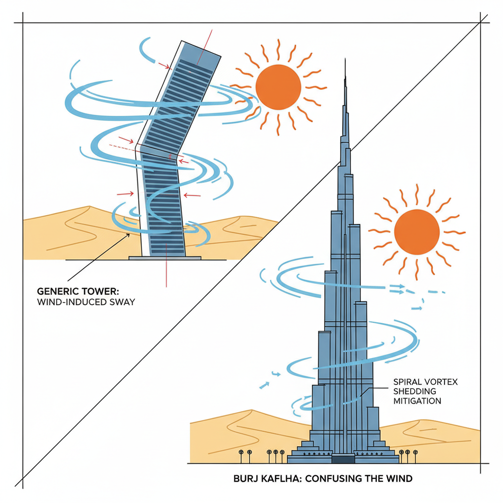 A technical yet visually engaging illustration depicting the challenges of building in Dubai's climate specifically overcome by the Burj Khalifa. This could be a split image or a diagram with callouts: one section showing strong wind gusts hitting a generic tall building causing sway, and another showing the Burj Khalifa's tapering form 'confusing' the wind. Include subtle environmental elements like sand dunes in the background and a sun representing high temperatures, using a modern, slightly stylized technical drawing aesthetic.