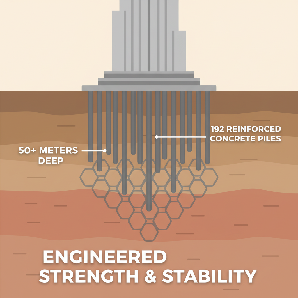A flat illustration depicting the Burj Khalifa's massive foundation system. Show the base of the building with transparent ground layers revealing the intricate network of 192 reinforced concrete piles extending deep into the earth. Label the depth (e.g., '50+ meters deep') and highlight the sheer scale and complexity of the foundation, conveying stability and engineered strength. Use an earthy color palette for the ground and a concrete grey for the piles, with a clean and informative style.