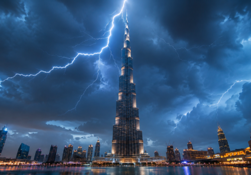 Clean cinematic image of the Burj Khalifa during a Dubai lightning storm, showing smart skyscraper protection technology without text