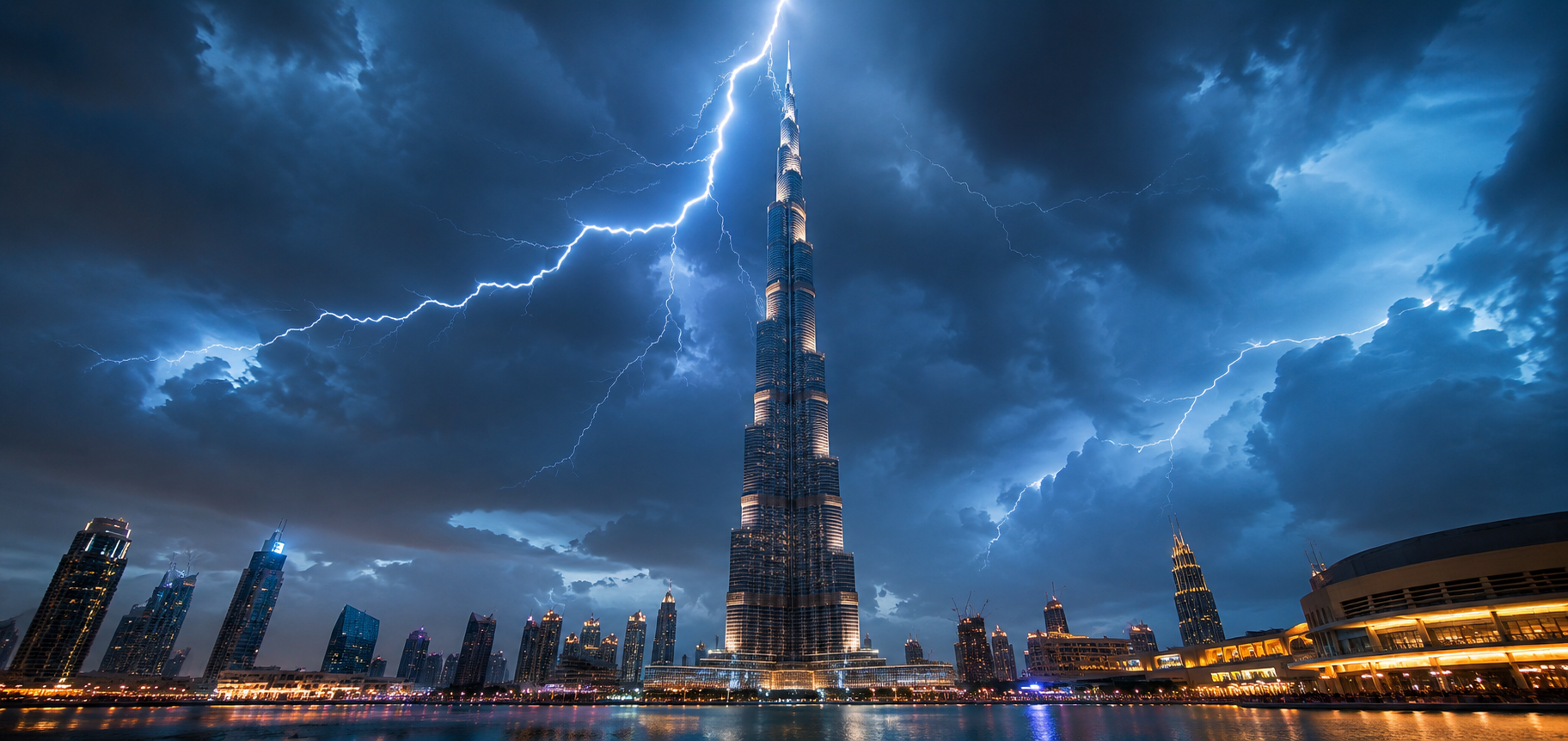 Clean cinematic image of the Burj Khalifa during a Dubai lightning storm, showing smart skyscraper protection technology without text