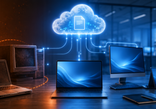 OneDrive support ending Windows 10 shown through a secure cloud connected to older business computers