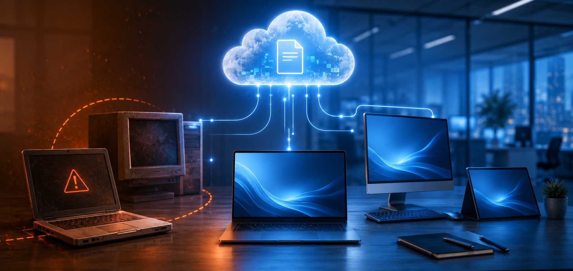 OneDrive support ending Windows 10 shown through a secure cloud connected to older business computers
