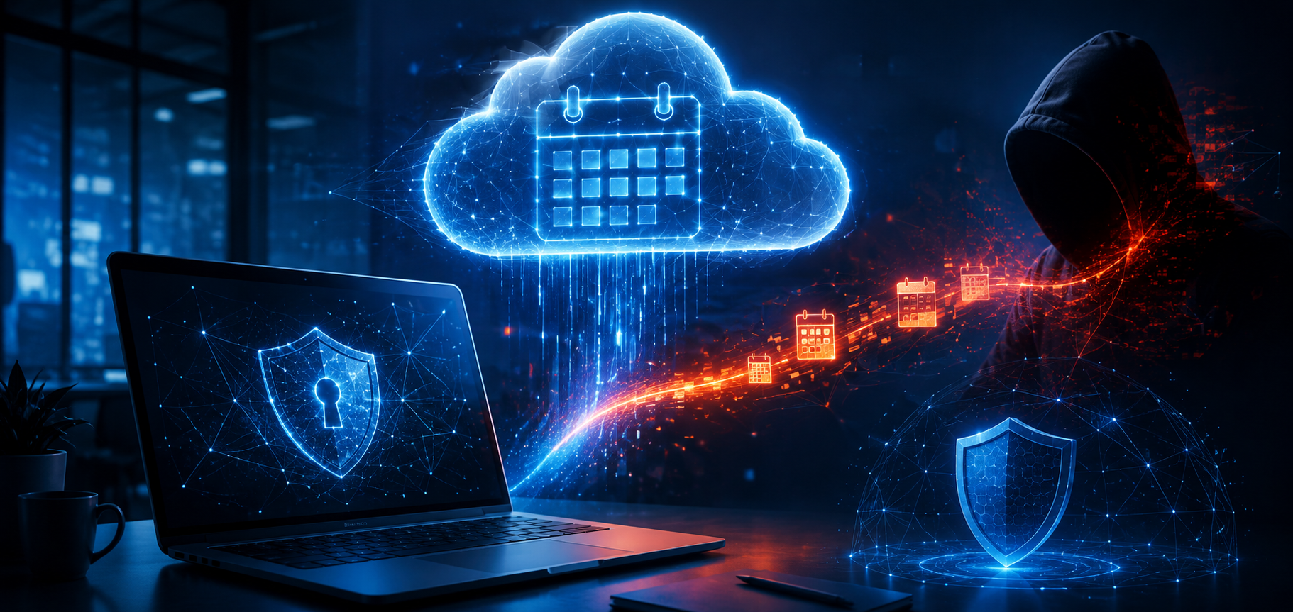 Microsoft 365 calendar attack represented by malware secretly communicating through a secure business cloud