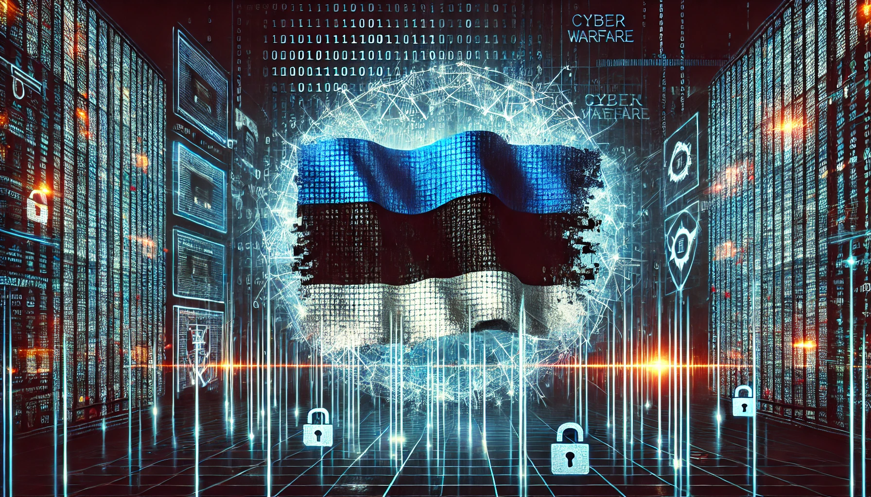 Illustration of Estonia cyberattack in 2007 showing symbols of digital warfare and Estonia’s flag.