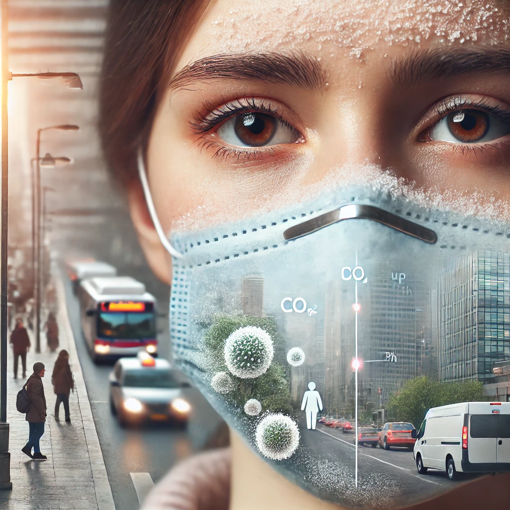 a person wearing a face mask with visible signs of condensation or moisture buildup around the nose and mouth area, illustrating the potential for CO₂ buildup and microorganism accumulation. The background could subtly show a variety of settings, such as a busy street or an indoor office, to highlight where people often wear masks for extended periods. The lighting should be soft, with a neutral color tone to convey a balanced, informative perspective on the topic rather than evoking fear or alarm. The expression on the person’s face should appear neutral or mildly reflective, suggesting thoughtfulness about prolonged mask usage.