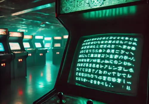 A retro arcade with a shadowy, glowing arcade cabinet, inspired by the urban legend of The Polybius Arcade Game.