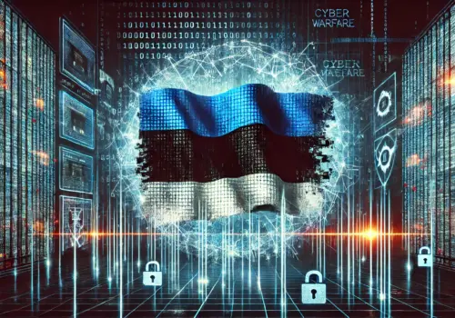 Illustration of Estonia cyberattack in 2007 showing symbols of digital warfare and Estonia’s flag.