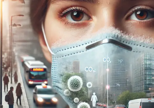 a person wearing a face mask with visible signs of condensation or moisture buildup around the nose and mouth area, illustrating the potential for CO₂ buildup and microorganism accumulation. The background could subtly show a variety of settings, such as a busy street or an indoor office, to highlight where people often wear masks for extended periods. The lighting should be soft, with a neutral color tone to convey a balanced, informative perspective on the topic rather than evoking fear or alarm. The expression on the person’s face should appear neutral or mildly reflective, suggesting thoughtfulness about prolonged mask usage.