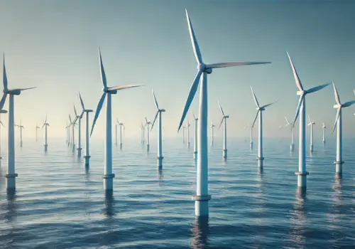 n offshore wind farm with several white turbines positioned in a calm ocean, stretching toward the horizon. Each turbine’s blades rotate slowly in the clear blue sky, while gentle ocean waves surround the structure bases, showcasing the serene integration of technology and nature.