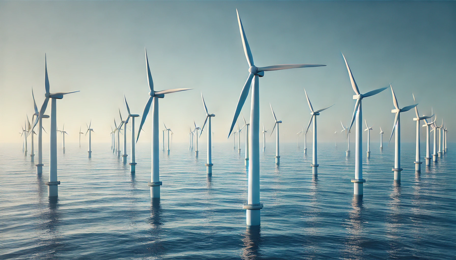 n offshore wind farm with several white turbines positioned in a calm ocean, stretching toward the horizon. Each turbine’s blades rotate slowly in the clear blue sky, while gentle ocean waves surround the structure bases, showcasing the serene integration of technology and nature.