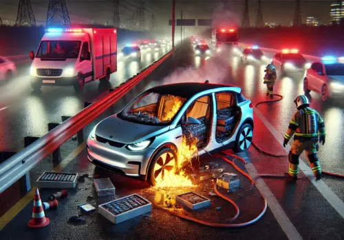 The updated image now illustrates a dramatic scene featuring a burning electric vehicle, with its battery in thermal runaway, surrounded by emergency responders and illuminated by flashing lights.