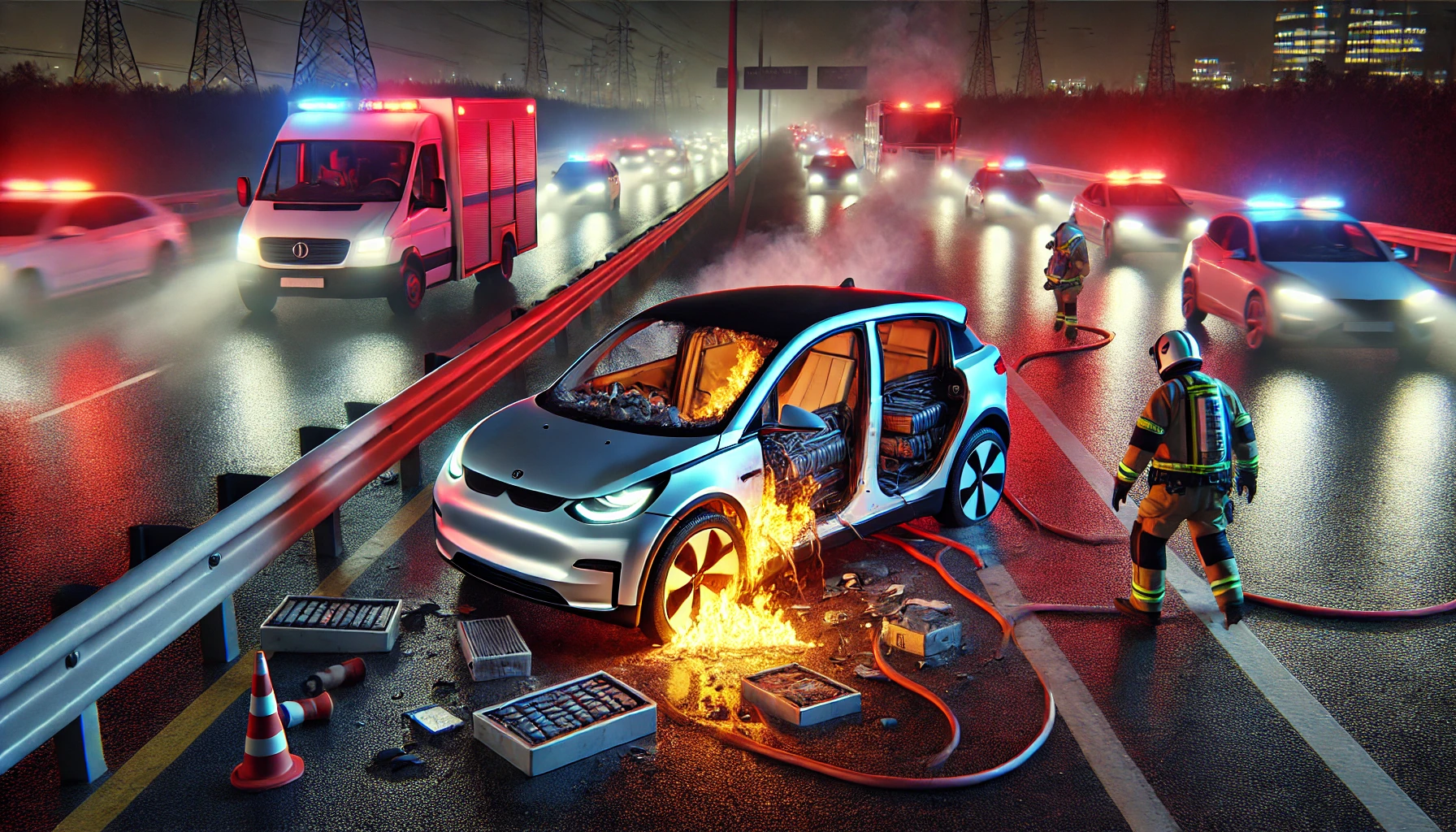 The updated image now illustrates a dramatic scene featuring a burning electric vehicle, with its battery in thermal runaway, surrounded by emergency responders and illuminated by flashing lights.