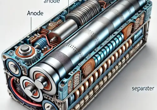 detailed picture of a lithium battery, withe the side exposed to show the workings inside