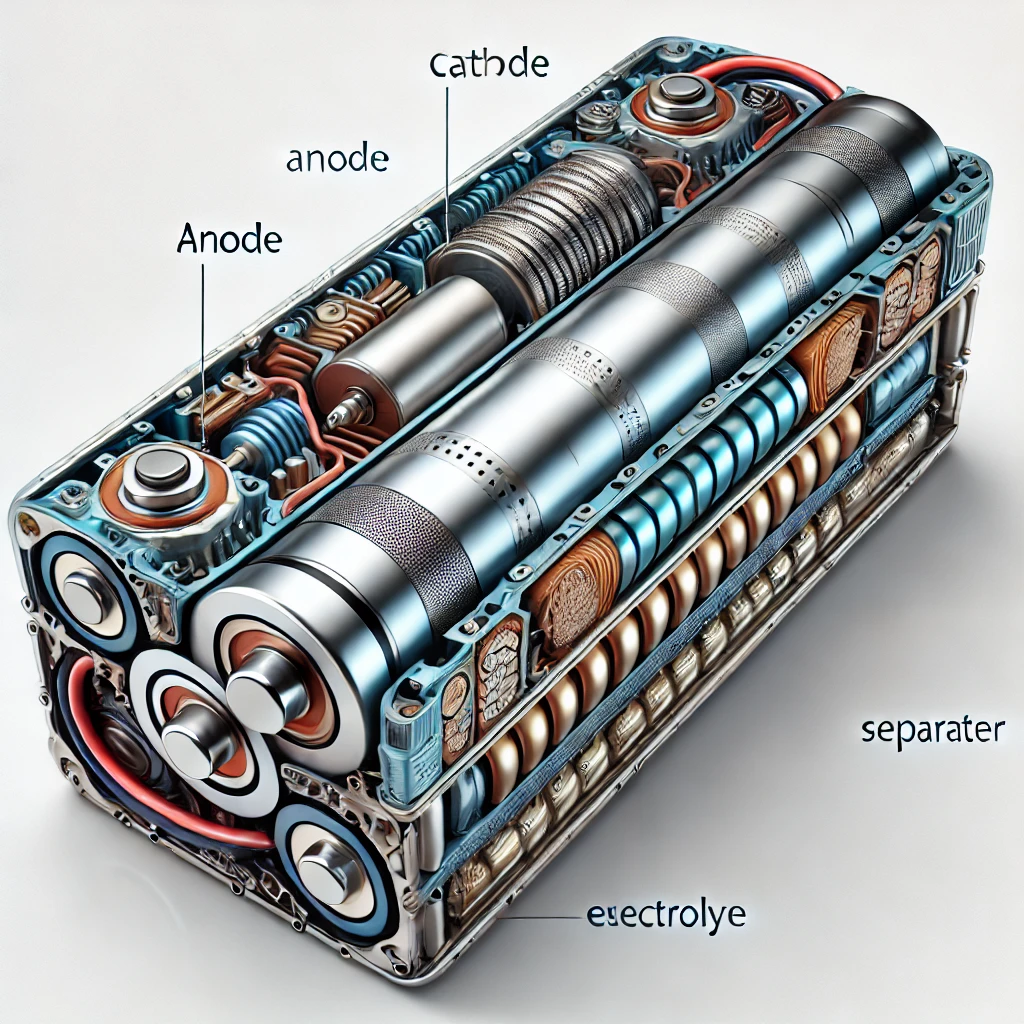 detailed picture of a lithium battery, withe the side exposed to show the workings inside