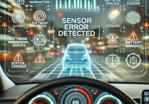 An EV dashboard view filled with various warning lights and alert icons, indicating potential software and sensor malfunctions. The windshield, with a semi-transparent display showing "Sensor Error Detected," overlooks a blurred road, suggesting uncertainty and the critical importance of real-time data interpretation for safety.