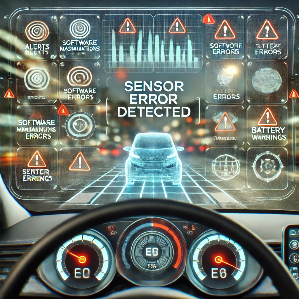 An EV dashboard view filled with various warning lights and alert icons, indicating potential software and sensor malfunctions. The windshield, with a semi-transparent display showing "Sensor Error Detected," overlooks a blurred road, suggesting uncertainty and the critical importance of real-time data interpretation for safety.