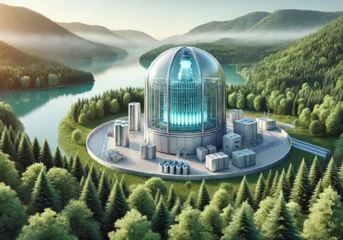 A sleek, compact nuclear reactor sits seamlessly within a tranquil natural landscape, framed by lush, green mountains and a gentle lake. The reactor features a smooth, dome-like structure made of glass and metal, showcasing a modern, minimalist design that highlights advanced safety. Enhanced details of its saline cooling system are subtly visible, with blue-tinted cooling pipes around the base, adding a unique touch to the safety features. The scene is bathed in clean, bright daylight, creating an atmosphere of transparency, optimism, and environmental harmony, symbolizing a future-forward vision of safe, sustainable nuclear energy.