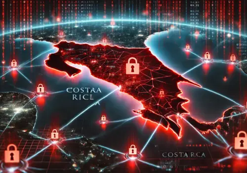 A digital depiction of Costa Rica's flag encased in cyber chains.