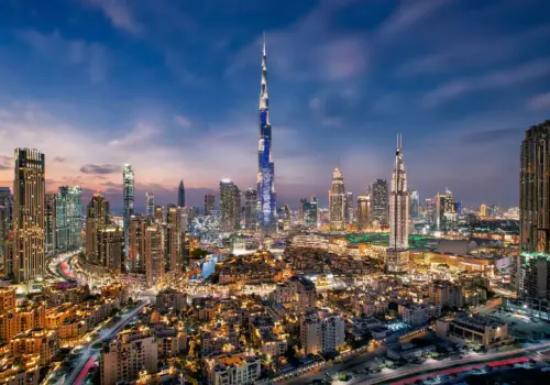 "Burj Khalifa during a thunderstorm with lightning striking the spire, highlighting its lightning conductor system."