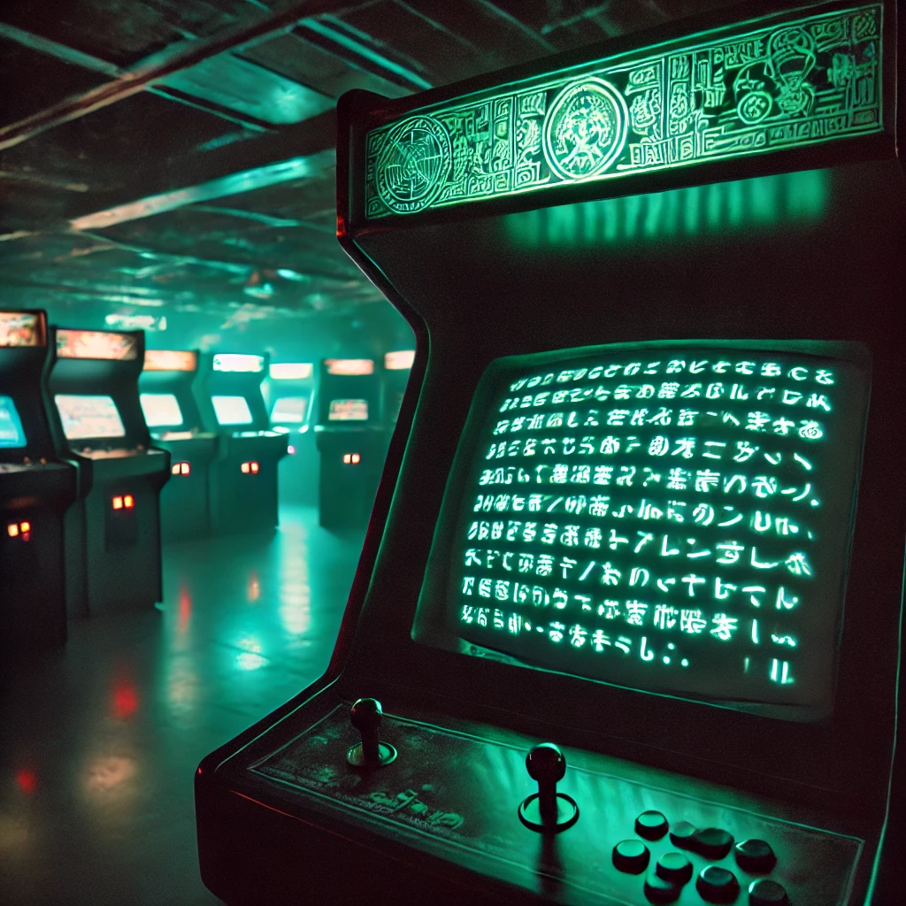 A retro arcade with a shadowy, glowing arcade cabinet, inspired by the urban legend of The Polybius Arcade Game.