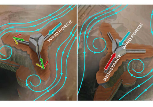 illustration of the Burj Khalifa with aerodynamic design and wind flow patterns.