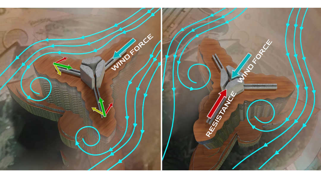 illustration of the Burj Khalifa with aerodynamic design and wind flow patterns.