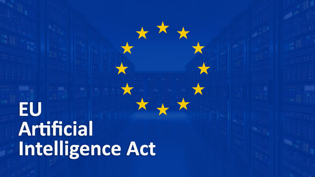 A digital holographic AI brain with interconnected data nodes, overlaid with the European Union flag and a circuit board pattern, symbolizing AI regulation and governance.