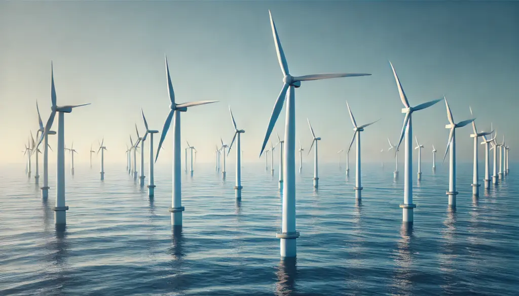 n offshore wind farm with several white turbines positioned in a calm ocean, stretching toward the horizon. Each turbine’s blades rotate slowly in the clear blue sky, while gentle ocean waves surround the structure bases, showcasing the serene integration of technology and nature.