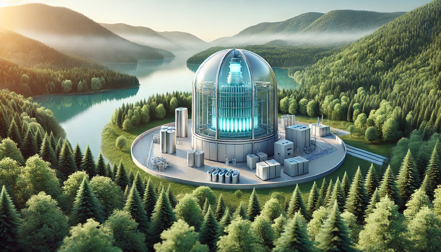 A sleek, compact nuclear reactor sits seamlessly within a tranquil natural landscape, framed by lush, green mountains and a gentle lake. The reactor features a smooth, dome-like structure made of glass and metal, showcasing a modern, minimalist design that highlights advanced safety. Enhanced details of its saline cooling system are subtly visible, with blue-tinted cooling pipes around the base, adding a unique touch to the safety features. The scene is bathed in clean, bright daylight, creating an atmosphere of transparency, optimism, and environmental harmony, symbolizing a future-forward vision of safe, sustainable nuclear energy.